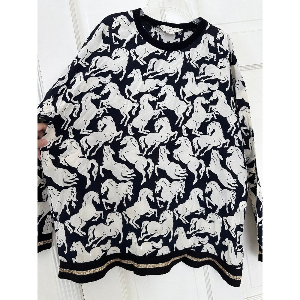 Stella McCartney Ines Running Horses Print Silk Top Shirt Black White IT 38 - Picture 5 of 10